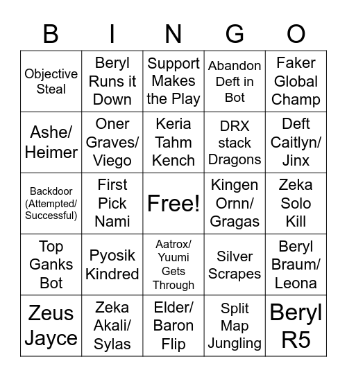 T1 vs DRX Bingo Card