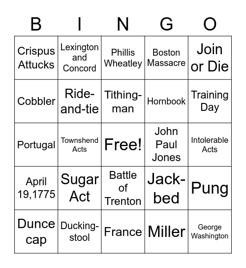 Patriot's Day Bingo Card