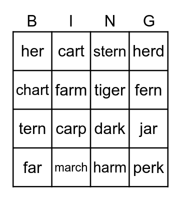 R Controlled - er and ar Bingo Card