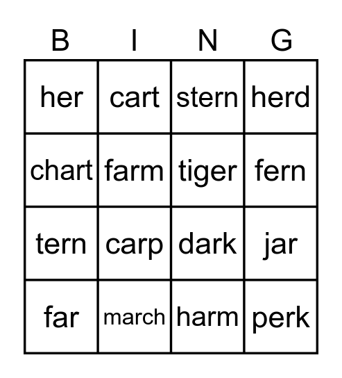 R Controlled - er and ar Bingo Card