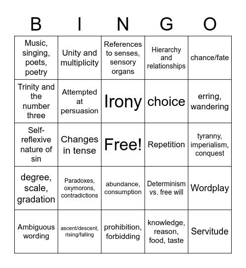 Paradise Lost Bing Bingo Card