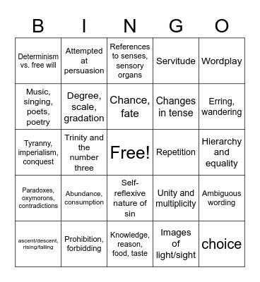 Paradise Lost Bingo Card