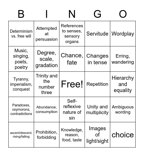 Paradise Lost Bingo Card