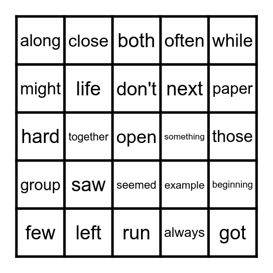 FRY WORD BINGO 226-250 Bingo Card