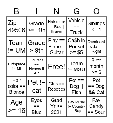 APCSP Boolean Bingo Card