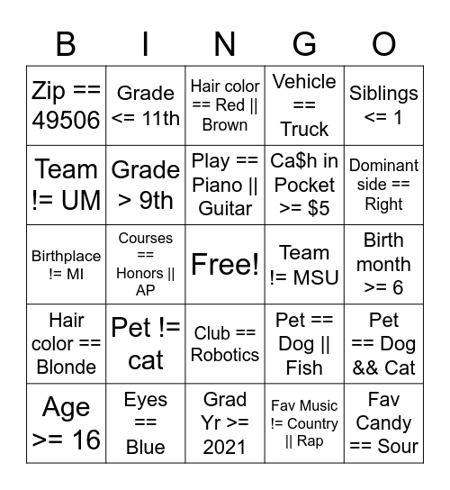 APCSP Boolean Bingo Card