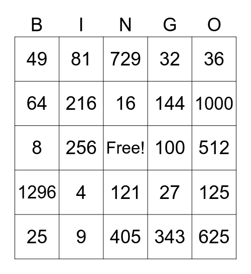 Exponents Bingo Card