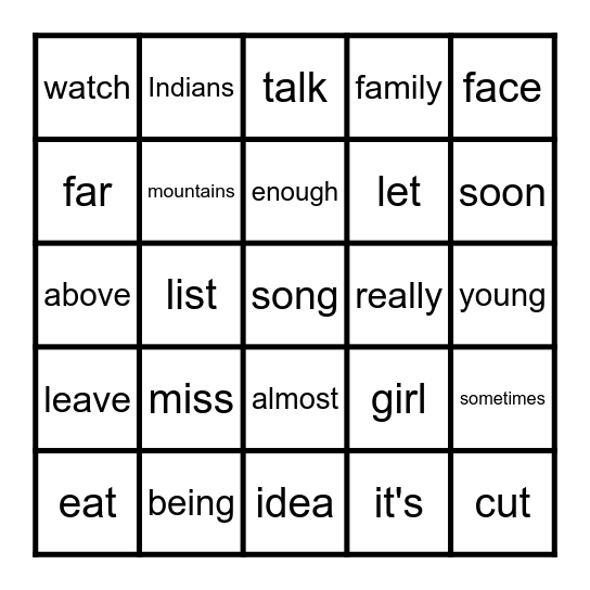 FRY WORD BINGO 251-275 Bingo Card