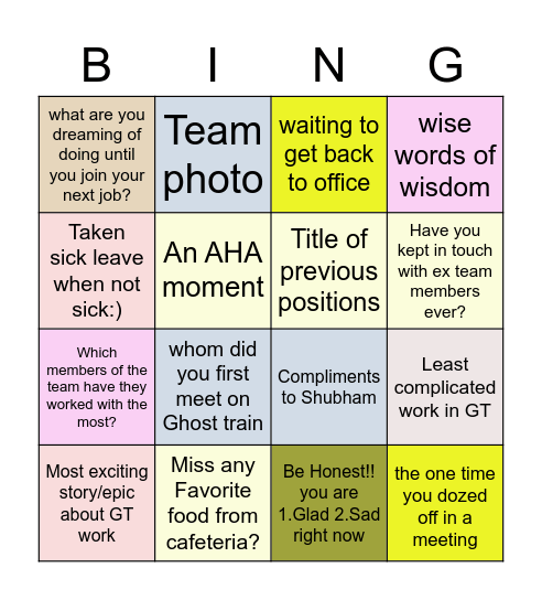 Farewell to Shubham Bingo Card