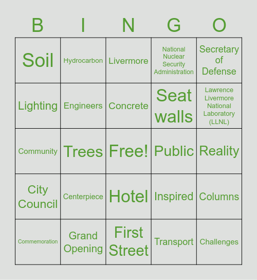 "Elements" of a Downtown Place Bingo Card