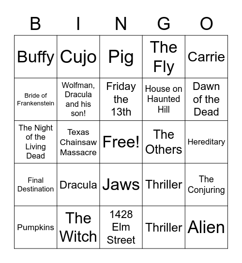 CLASSIC HORROR MOVIE BINGO Card