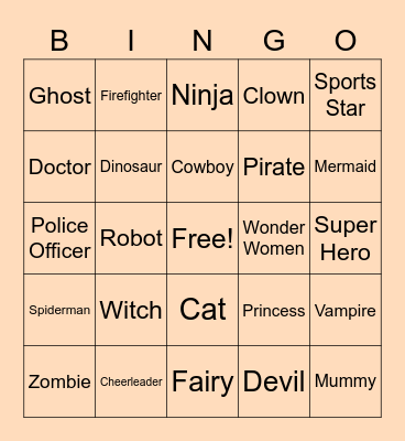 Halloween Costume Bingo Card