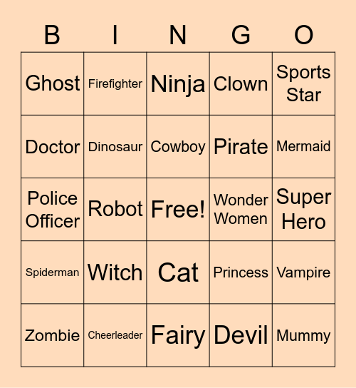 Halloween Costume Bingo Card