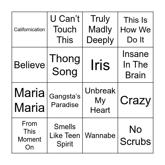 90s Speed Round Bingo Card
