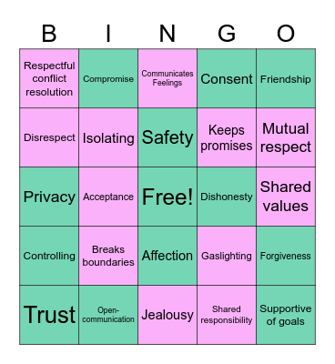 Relationship Bingo Card