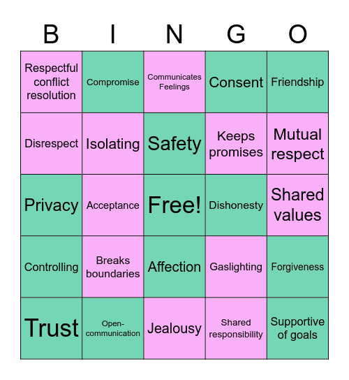 Relationship Bingo Card