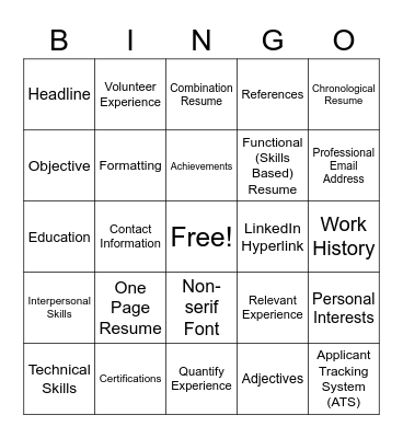 Resume Writing Bingo Card