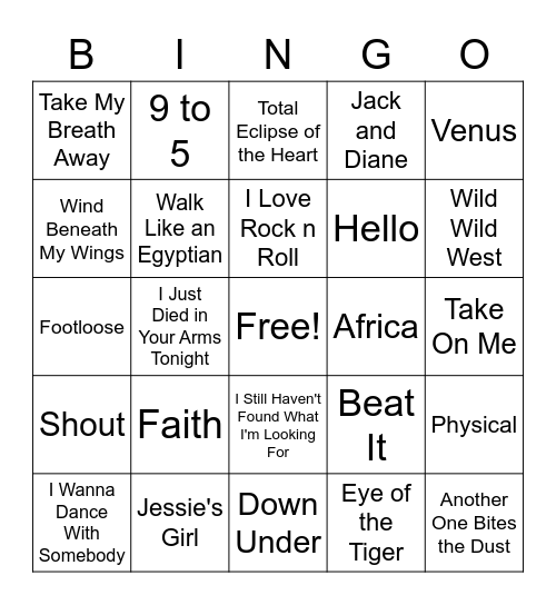 80s Music Bingo Card