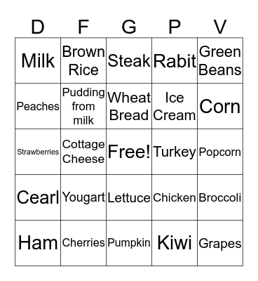 Nutrition Bingo Card