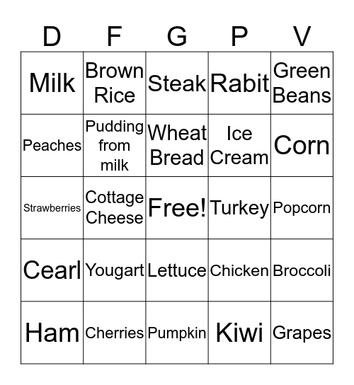 Nutrition Bingo Card