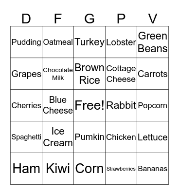 Nutrition Bingo Card