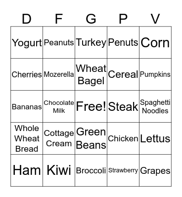 Nutrition Bingo Card