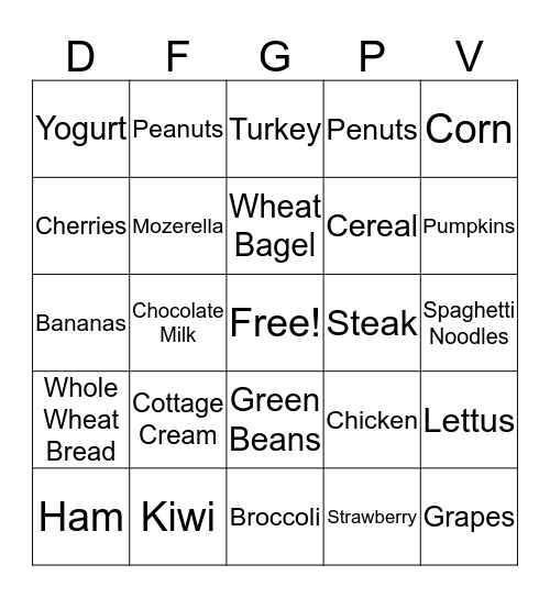 Nutrition Bingo Card