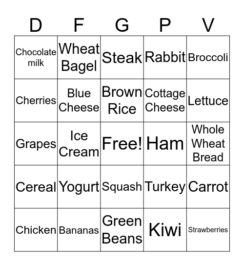 Nutrition  Bingo Card