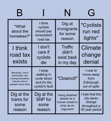 Cycling Infrastructure Comment Bingo Card