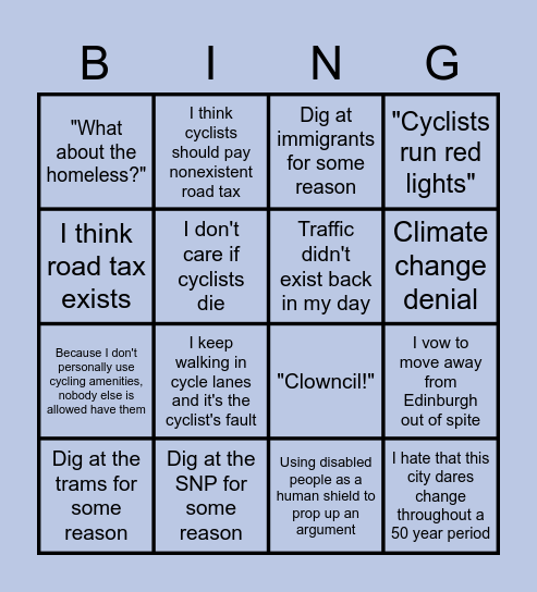 Cycling Infrastructure Comment Bingo Card