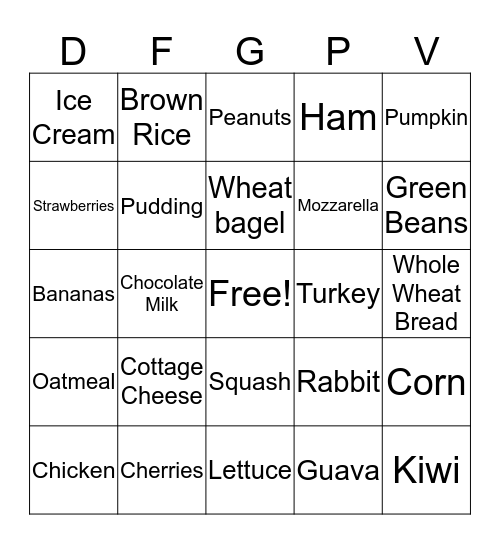 Nutrition Bingo Card