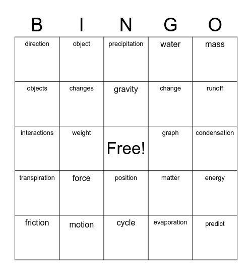 Physical Science 5.P1, 5.P2 Bingo Card