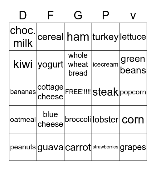 Nutrition BINGO Card