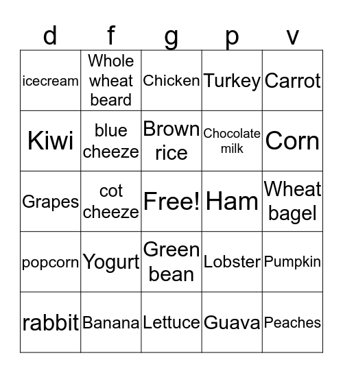 Nutrition Bingo Card