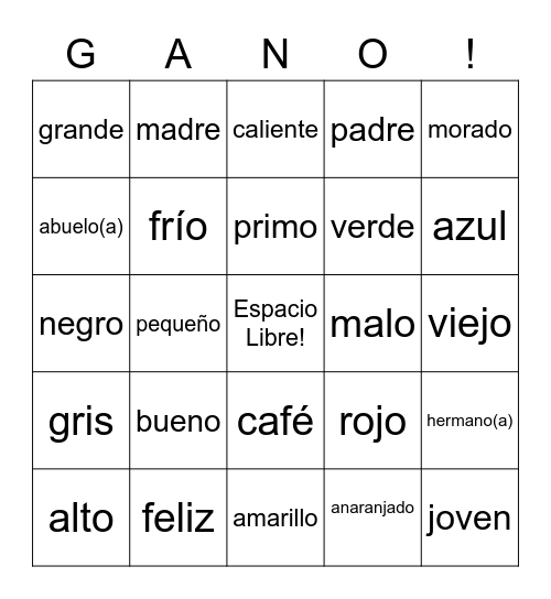 Spanish 1 Bingo Card