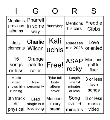 Tyler the creator album Bingo Card