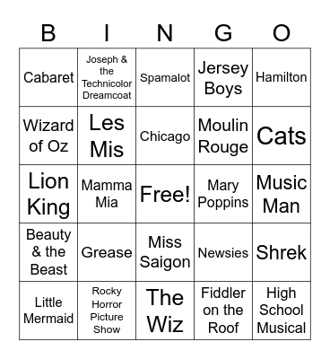 Broadway Musical Bingo Card