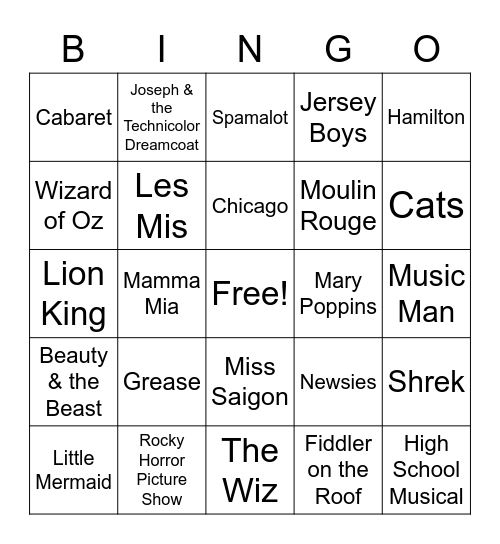 Broadway Musical Bingo Card