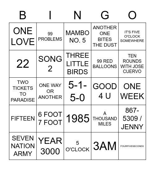 SONGS WITH NUMBERS IN THE TITLE Bingo Card