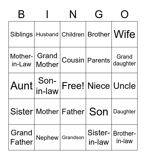 Family Members Bingo Card