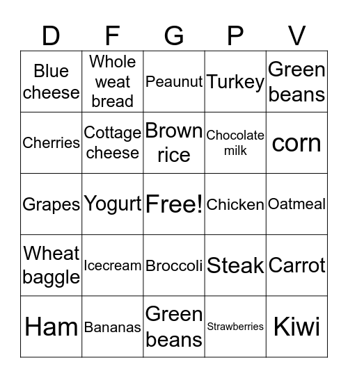 Nutrition Bingo Card