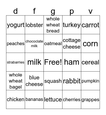 nutrition Bingo Card