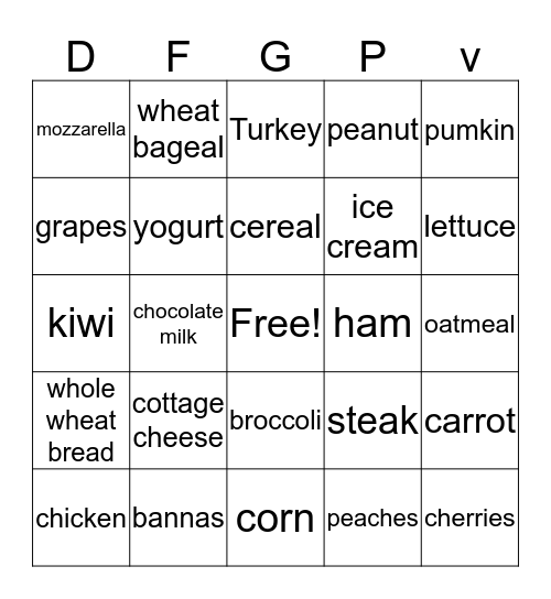 nutrition Bingo  Bingo Card