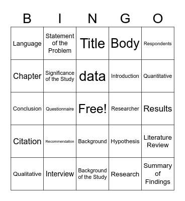 Vocubulary Bingo Card