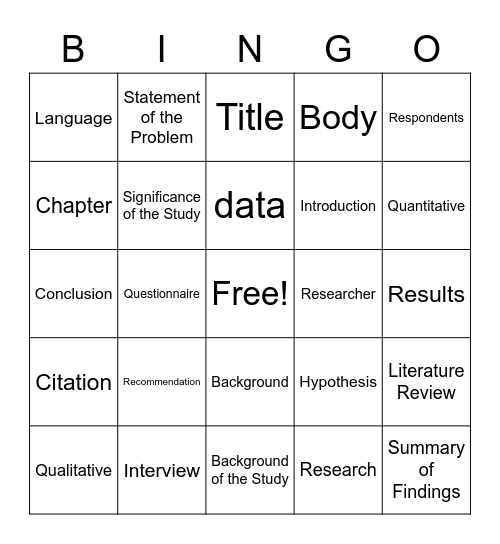Vocubulary Bingo Card