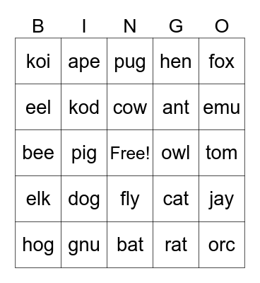 3 letter animals Bingo Card