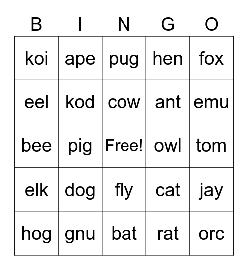 3 letter animals Bingo Card