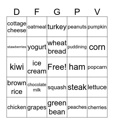 Nutrition Bingo Card