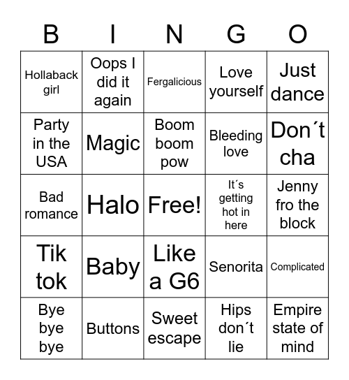 2000s music bingo Card
