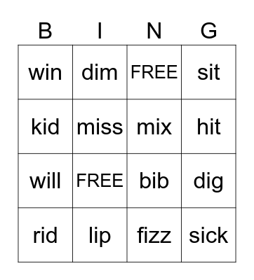 short i Bingo Card